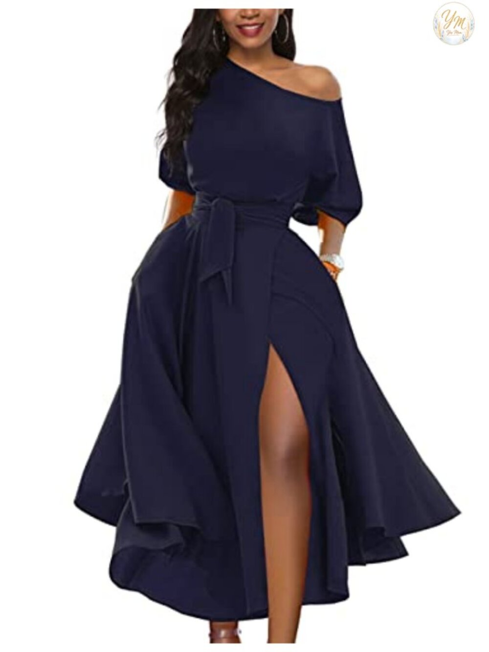 Navy Off Shoulder Cocktail Swing Dress with Pockets & Belt